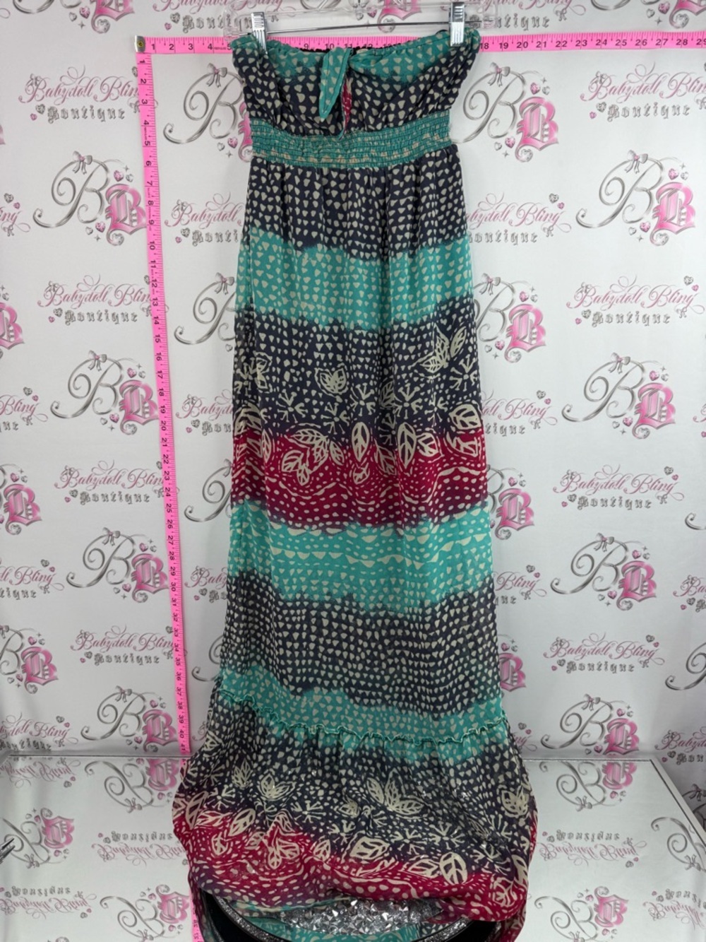 Roxy Strapless Maxi Dress tiered style colors in Teal, Navy & pink tie up ribbon